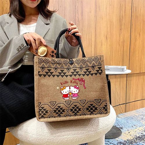 Sac  Main De Grande Capacit Pour Femmes, Sac De Shopping  Bandoulire, Sac De Plage D't, Fourre-Tout En Coton Et Lin, Anime Hello Kitty Shb18957