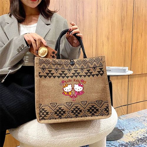 Sac  Main De Grande Capacit Pour Femmes, Sac De Shopping  Bandoulire, Sac De Plage D't, Fourre-Tout En Coton Et Lin, Anime Hello Kitty Shb18959