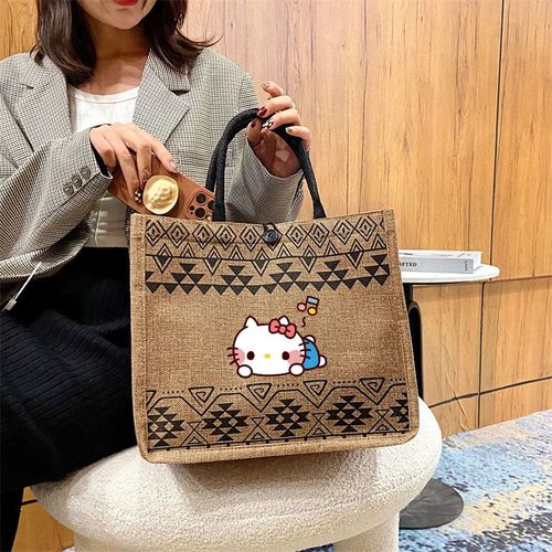 Sac  Main De Grande Capacit Pour Femmes, Sac De Shopping  Bandoulire, Sac De Plage D't, Fourre-Tout En Coton Et Lin, Anime Hello Kitty Shb18967