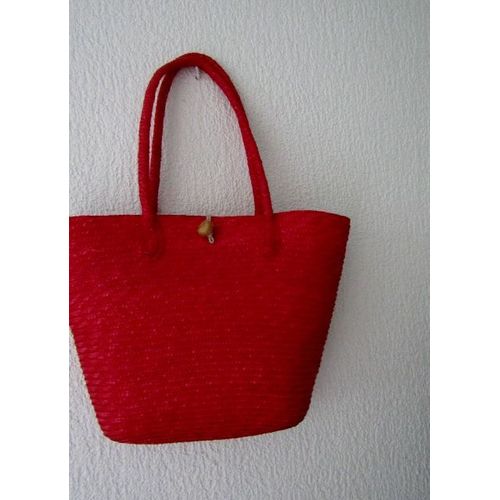 Sac Cabas Style Paille Tresse Rouge Framboise