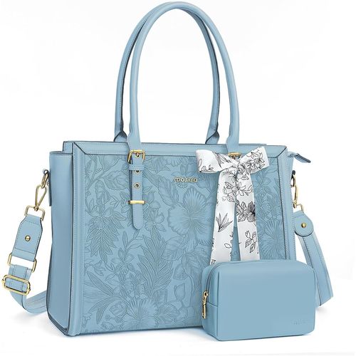 Sac Ordinateur Femme 15-15,6 Pouces,Sac Fourre-Tout En Cuir Pu Compatible Avec Macbook,Hp,Dell,Asus,Sac Pc Portable Rtro Hibiscus Gaufr Avec charpe Soie&pochette,Airy Bleu[Pcom4285204]
