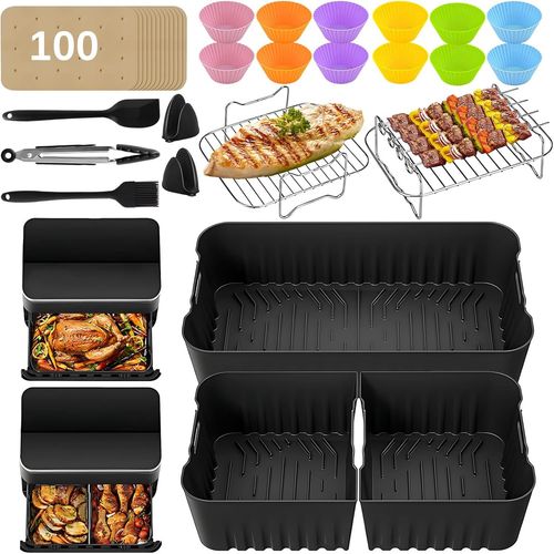 Sacs de friteuse  air comprim pour Cosori Dual Airfryer TwinFry,1 x 10 l et 2 x 5 L grand revtement en silicone flexible,y compris paniers de friteuse  air,grille de barbecue,pince,gants
