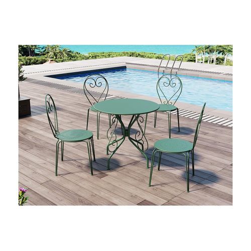 Salle  Manger De Jardin En Mtal Faon Fer Forg : Une Table Et 4 Chaises Empilables - Vert Amande - Guermantes