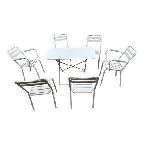 Salon De Jardin En Fer Forg Et Lattes De Bois Compos De Deux Fauteuils 4 Chaises  Et Daposune Table Blanc