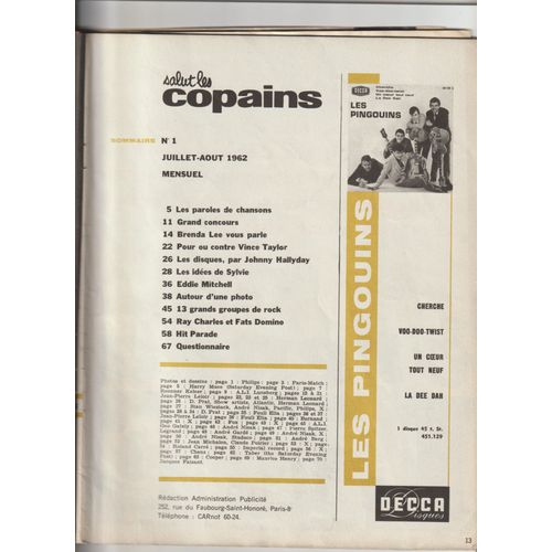 Salut Les Copains N1 Juillet-Aot 1962 Brenda Lee, Vince Taylor, Sylvie Vartan, Ray Charles Et Fats Domino Sans Couverture Devant Et Dos Et 4 Pages Centrales
