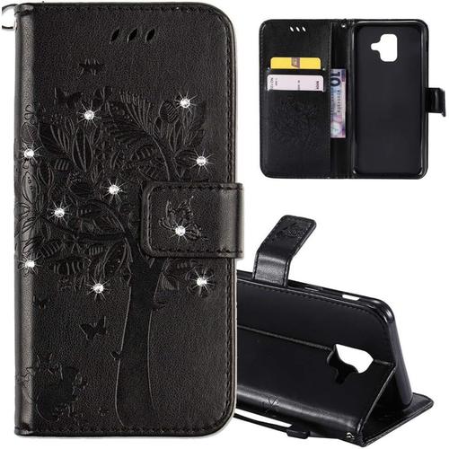 Samsung A6 Plus 2018 Coque Premium Pu En Cuir De Mode Poche Cash Flip Portefeuille Cas Ferm Fente Pour Carte De Crdit Pour Galaxy A6 Plus Black Wishing Tree With Diamond Kt.