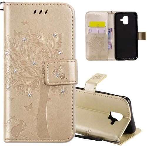 Samsung A6 Plus 2018 Coque Premium Pu En Cuir De Mode Poche Cash Flip Portefeuille Cas Ferm Fente Pour Carte De Crdit Pour Galaxy A6 Plus Gold Wishing Tree With Diamond Kt.