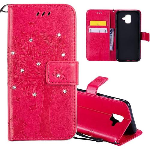 Samsung A6 Plus 2018 Coque Premium Pu En Cuir De Mode Poche Cash Flip Portefeuille Cas Ferm Fente Pour Carte De Crdit Pour Galaxy A6 Plus Rose Wishing Tree With Diamond Kt.