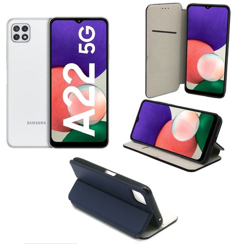 Samsung Galaxy A22 5g Etui Protection Portefeuille Bleu  Rabat Avec Porte Cartes - Housse Folio Bleue Navy Coque Silicone Antichoc Smartphone 2021 - Accessoires Pochette Case