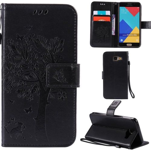 Samsung Galaxy A3 2016 Coque Motif Arbre Chat Pu Cuir Flip Housse tui Cover Case Wallet Portefeuille Support Avec Porte-Cartes Pour Samsung Galaxy A3 2016 - Noir