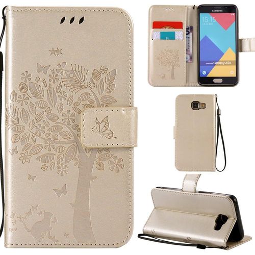 Samsung Galaxy A3 2016 Coque Motif Arbre Chat Pu Cuir Flip Housse tui Cover Case Wallet Portefeuille Support Avec Porte-Cartes Pour Samsung Galaxy A3 2016 - Or