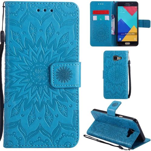 Samsung Galaxy A3 2016 Coque Motif Tournesol Pu Cuir Flip Housse tui Cover Case Wallet Pochette Support Avec Porte-Cartes Pour Samsung Galaxy A3 2016 - Bleu