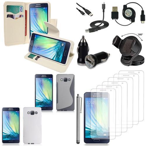 Samsung Galaxy A3 Sm-A300f Sm-A300fu/ A3 Duos Sm-A300f/Ds A300g/Ds A300h/Ds A300m/Ds: Lot Etui Housse Coque Pochette Accessoires Silicone Gel Support Chargeur Voiture Films Stylet Portefeuille Support Video Cuir Pu Effet Tissu - Blanc