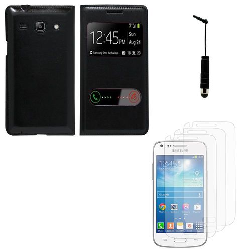 Samsung Galaxy Core Plus G3500/ Trend 3 G3502: Lot Coque Etui Housse Pochette Plastique View Case + 3 Films Transparent + 1 Mini Stylet - Noir