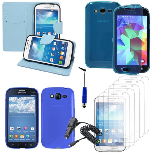 Samsung Galaxy Grand Plus/ Grand Neo/ Grand Lite I9060 I9062 I9060i I9080: Lot Coque Etui Housse Pochette Accessoires Silicone Gel Films Stylet Chargeur Voiture Portefeuille Support Video Cuir Pu Effet Tissu - Bleu