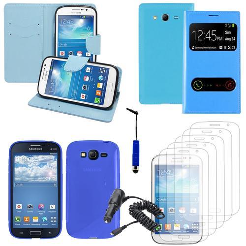 Samsung Galaxy Grand Plus/ Grand Neo/ Grand Lite I9060 I9062 I9060i I9080: Lot Coque Etui Housse Pochette Accessoires Silicone Gel Films Stylet Chargeur Voiture Portefeuille Support Video Cuir Pu Effet Tissu S-View - Bleu