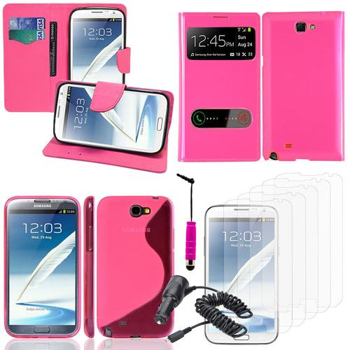 Samsung Galaxy Note 2 N7100/ N7105: Lot Coque Etui Housse Pochette Accessoires Silicone Gel Films Stylet Chargeur Voiture Portefeuille Support Video Cuir Pu Effet Tissu S-View - Rose