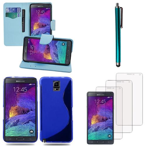 Samsung Galaxy Note 4 Sm-N910f/ Note 4 Duos (Dual Sim) N9100/ Note 4 (Cdma)/ N910c N910w8 N910v N910a N910t N910m: Lot Coque Etui Housse Pochette Accessoires Silicone Gel Films Stylet Portefeuille Support Video Cuir Pu Effet Tissu - Bleu