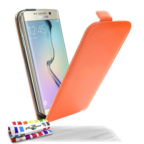 Samsung Galaxy S6 Edge Etui  Rabat Orange Cuir Simili, 3 Films