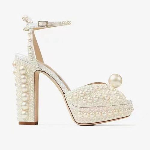 Sandales  Bouche De Poisson  Talons Hauts Perls Pour Femme,Chaussures  Plateforme,Impermables,Faites  La Main,Robe De Marie,Perle De Luxe,35-41,2023
