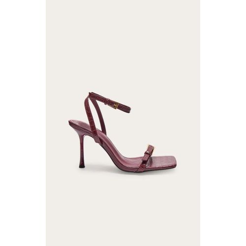 Sandales Carres En Pu Bordeaux Effet Croco  Talon Aiguille Haut Et Double Boucles, Bordeaux - 38