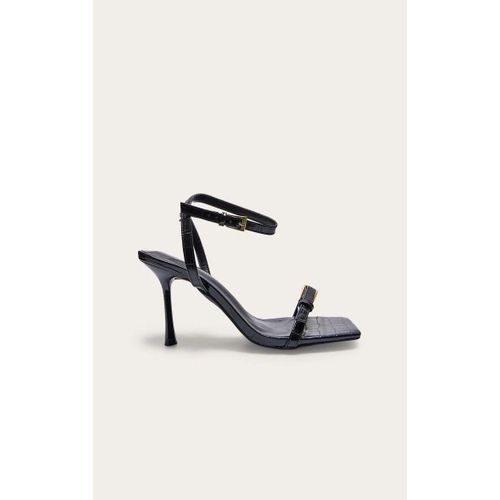 Sandales Carres En Pu Noir Effet Croco  Talon Aiguille Haut Et Double Boucles, Noir - 38
