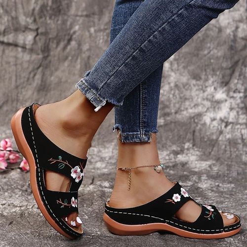Sandales D't  Fleurs Pour Femmes,Chaussures Peep Parker Confortables,Pantoufles Rtro - 36