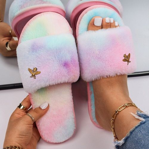Sandales Plates En Fausse Fourrure Pour Femmes, Pantoufles En Mtal Dor, Mignonnes En Peluche D'insecte, Pantoufles D'hiver Personnalises, Tongs De Styliste - 39