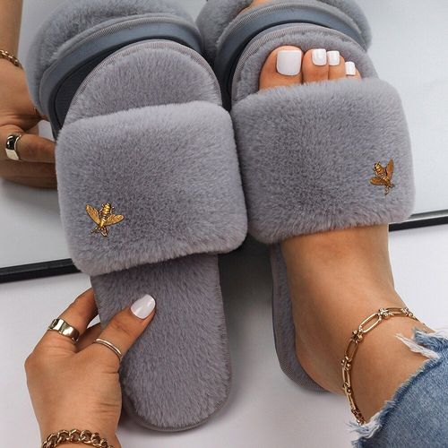 Sandales Plates En Fausse Fourrure Pour Femmes, Pantoufles En Mtal Dor, Mignonnes En Peluche D'insecte, Pantoufles D'hiver Personnalises, Tongs De Styliste - 38