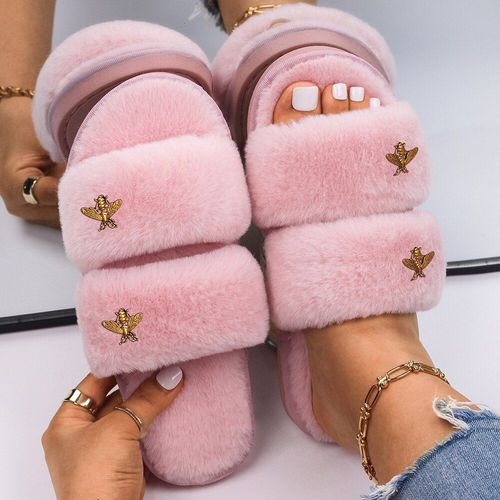 Sandales Plates En Fausse Fourrure Pour Femmes, Pantoufles En Mtal Dor, Mignonnes En Peluche D'insecte, Pantoufles D'hiver Personnalises, Tongs De Styliste - 38 1/2