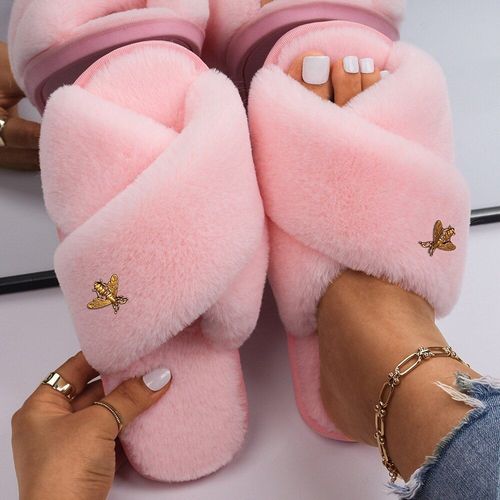 Sandales Plates En Fausse Fourrure Pour Femmes, Pantoufles En Mtal Dor, Mignonnes En Peluche D'insecte, Pantoufles D'hiver Personnalises, Tongs De Styliste - 39