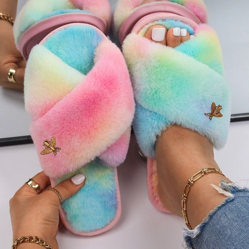 Sandales Plates En Fausse Fourrure Pour Femmes, Pantoufles En Mtal Dor, Mignonnes En Peluche D'insecte, Pantoufles D'hiver Personnalises, Tongs De Styliste - 39
