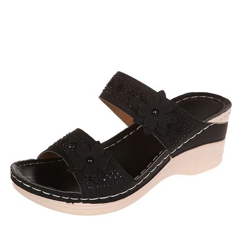 Sandales Romaines Rtro  Semelles Compenses En Pu Pour Femme,Chaussures Dcontractes  Fleurs,Pantoufles  Plateforme,Grande Taille,t 2023 - 38