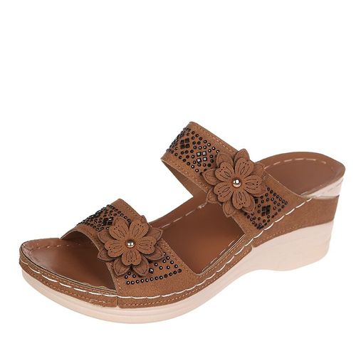 Sandales Romaines Rtro  Semelles Compenses En Pu Pour Femme,Chaussures Dcontractes  Fleurs,Pantoufles  Plateforme,Grande Taille,t 2023 - 40