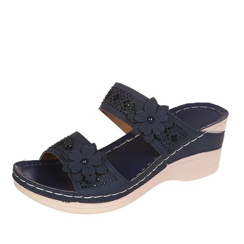 Sandales Romaines Rtro  Semelles Compenses En Pu Pour Femme,Chaussures Dcontractes  Fleurs,Pantoufles  Plateforme,Grande Taille,t 2023 - 42