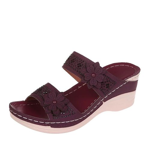 Sandales Romaines Rtro  Semelles Compenses En Pu Pour Femme,Chaussures Dcontractes  Fleurs,Pantoufles  Plateforme,Grande Taille,t 2023 - 38
