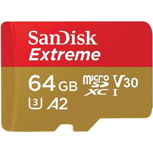 SanDisk Extreme 64 Go Carte mmoire microSDXC + adaptateur SD avec A2 App Performance + Rescue Pro Deluxe, jusqu' 160 Mo / s, classe 10, UHS-I, U3, V30, rouge / or
