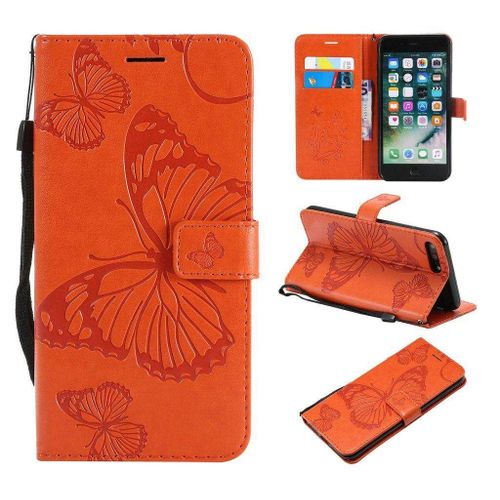 Saturcase Coque Pour Apple Iphone 7 Plus / 8 Plus, Papillon Gaufrage Pu Cuir Magntique Flip Portefeuille Support Porte-Carte Protecteur Housse tui Avec Dragonne Pour Apple Iphone 7 Plus / 8 Plus (Orange)