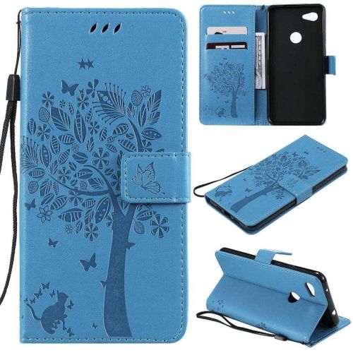 Saturcase Coque Pour Google Pixel 3a Xl, Arbre  Chat Pu Cuir Magntique Flip Portefeuille Support Porte-Carte Protecteur Housse tui Avec Dragonne Pour Google Pixel 3a Xl (Bleu)