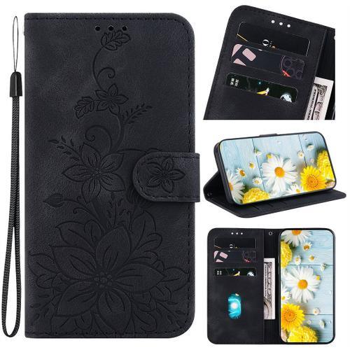 Saturcase Coque Pour Nokia C22, Fleurs De Lys Pu Cuir Magntique Flip Portefeuille Support Porte-Carte Dragonne Protecteur Housse tui Pour Nokia C22 (Bh-Noir)