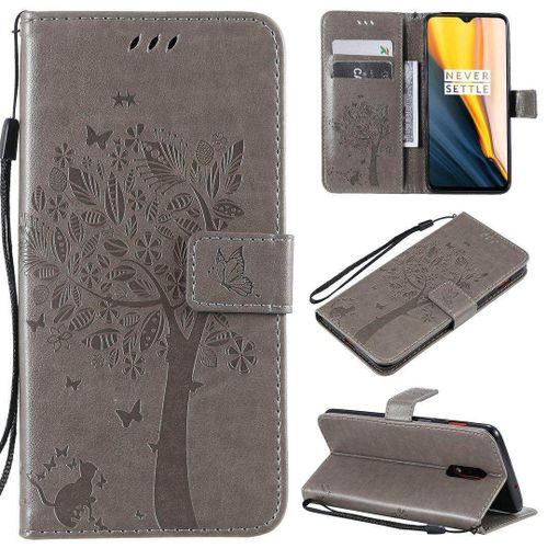 Saturcase Coque Pour Oneplus 7 / Oneplus 6t, Arbre  Chat Pu Cuir Magntique Flip Portefeuille Support Porte-Carte Protecteur Housse tui Avec Dragonne Pour Oneplus 7 / Oneplus 6t (Gris)