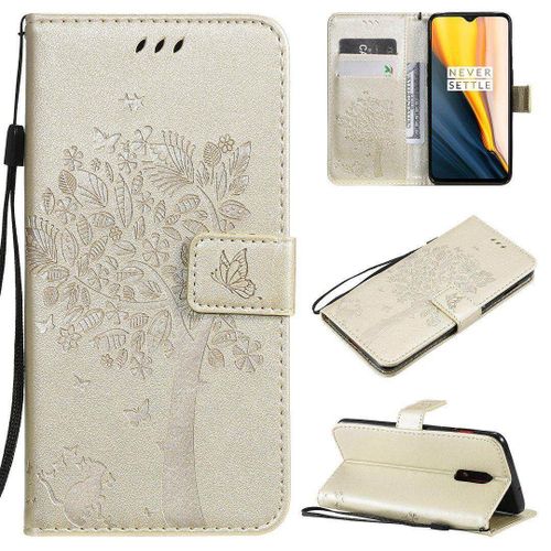 Saturcase Coque Pour Oneplus 7 / Oneplus 6t, Arbre  Chat Pu Cuir Magntique Flip Portefeuille Support Porte-Carte Protecteur Housse tui Avec Dragonne Pour Oneplus 7 / Oneplus 6t (Or)
