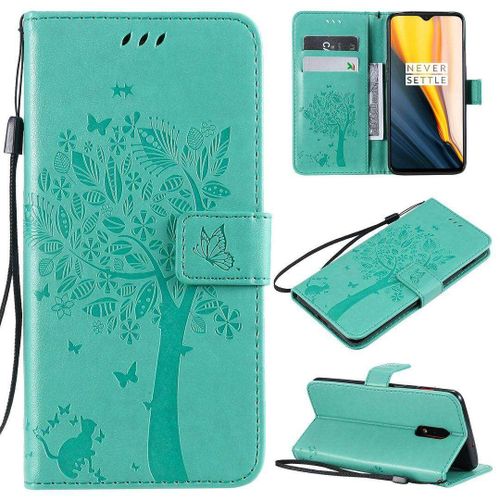 Saturcase Coque Pour Oneplus 7 / Oneplus 6t, Arbre  Chat Pu Cuir Magntique Flip Portefeuille Support Porte-Carte Protecteur Housse tui Avec Dragonne Pour Oneplus 7 / Oneplus 6t (Vert)