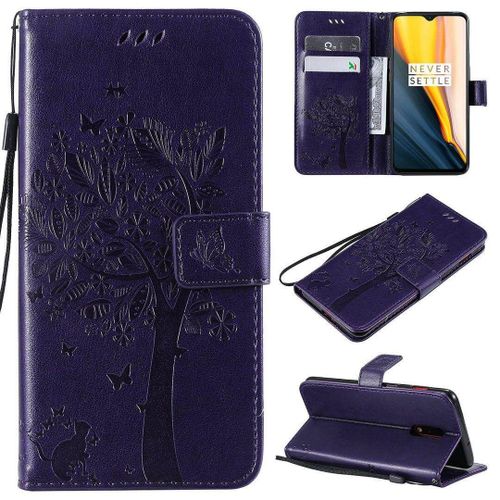 Saturcase Coque Pour Oneplus 7 / Oneplus 6t, Arbre  Chat Pu Cuir Magntique Flip Portefeuille Support Porte-Carte Protecteur Housse tui Avec Dragonne Pour Oneplus 7 / Oneplus 6t (Violet)