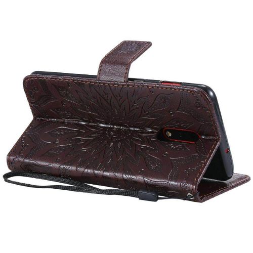 Saturcase Coque Pour Oneplus 7 / Oneplus 6t, Fleur Du Soleil Gaufrage Pu Cuir Magntique Flip Portefeuille Support Porte-Carte Protecteur Housse tui Avec Dragonne (Marron)