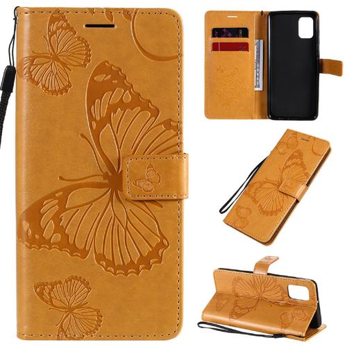 Saturcase Coque Pour Samsung Galaxy A31, Papillon Gaufrage Pu Cuir Magntique Flip Portefeuille Support Porte-Carte Protecteur Housse tui Avec Dragonne Pour Samsung Galaxy A31 (Jaune)