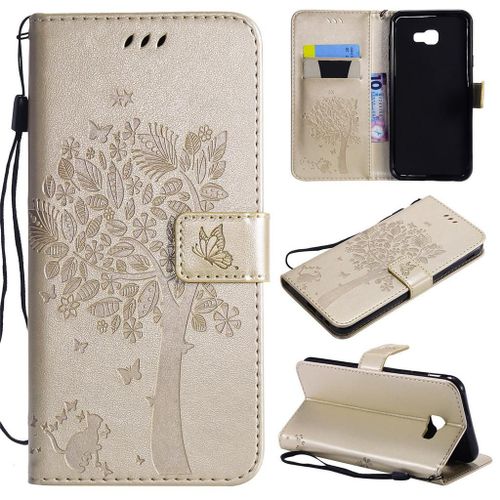 Saturcase Coque Pour Samsung Galaxy J4 Core, Arbre  Chat Gaufrage Pu Cuir Magntique Flip Portefeuille Support Porte-Carte Protecteur Coque Housse tui Avec Dragonne Pour Samsung Galaxy J4 Core (Or)