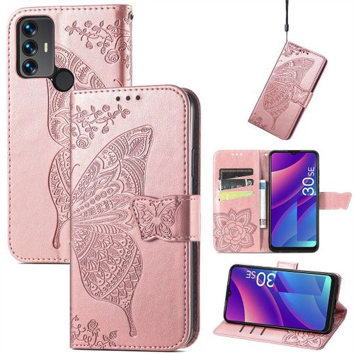 Saturcase Coque Pour Tcl 30 Se / Tcl 305 / Tcl 306, Butterfly Flower Pu Leather Flip Magnet Wallet Stand Card Slots Hand Strap Cover For Tcl 30 Se / Tcl 305 / Tcl 306 (Hf-Or Rose)