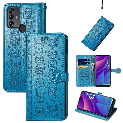 Saturcase Coque Pour Tcl 30 Se / Tcl 305 / Tcl 306, Chien Et Chat Mignon Pu Cuir Magntique Flip Portefeuille Support Porte-Carte Protecteur Housse tui Avec Dragonne Pour Tcl 30 Se / Tcl 305 / Tcl 306 (Bleu)