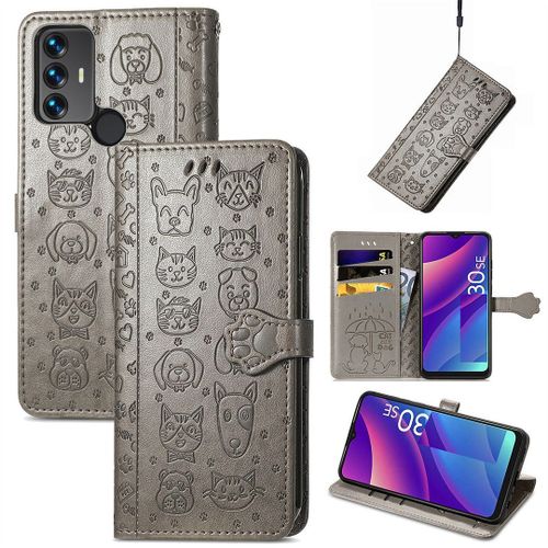 Saturcase Coque Pour Tcl 30 Se / Tcl 305 / Tcl 306, Chien Et Chat Mignon Pu Cuir Magntique Flip Portefeuille Support Porte-Carte Protecteur Housse tui Avec Dragonne Pour Tcl 30 Se / Tcl 305 / Tcl 306 (Gris)